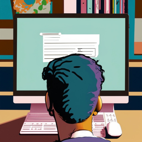 Colorful drawing of the back of a man's head as he stares at a computer screen with school work on it