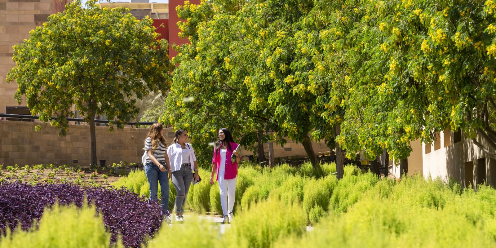 students walking in the garden