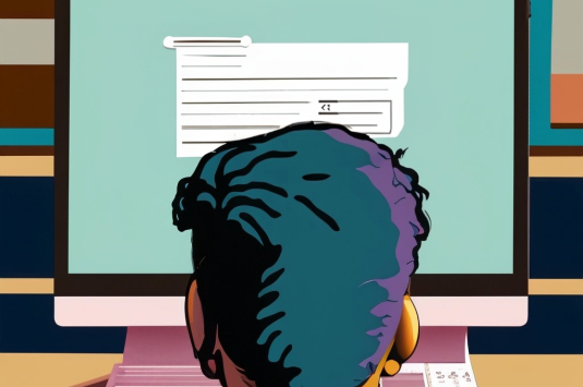 Colorful drawing of the back of a man's head as he stares at a computer screen with school work on it