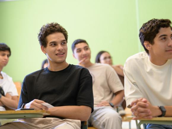 male students attending classroom and focusing on topic