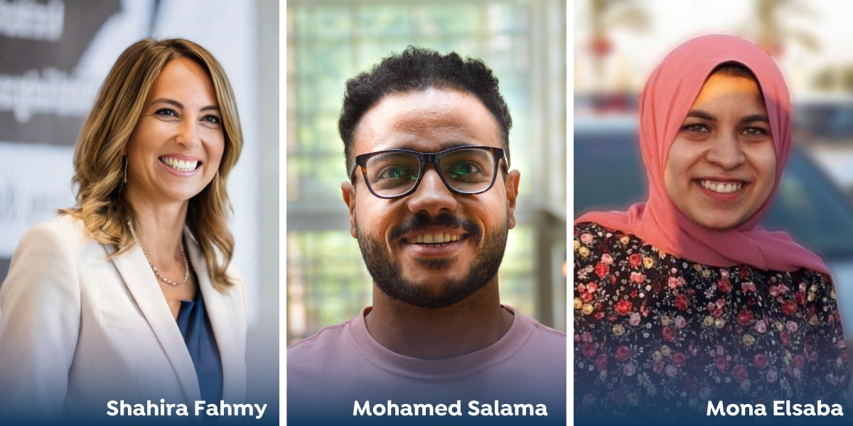 Headshots of Shahira Fahmy, Mohamed Salama, and Mona Elsaba, respectively